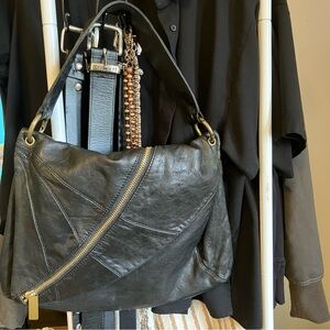 KOOBA | Black Leather Shoulder Bag with Diagonal Zip Accent